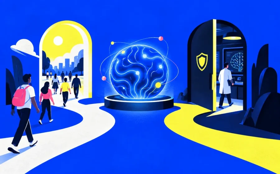 Two gateways around one cobalt AI core, public doorway and protected lab, split paths