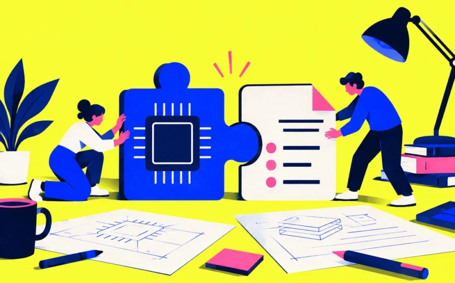 Interlocking AI chip and documented protocol puzzle pieces on engineering desk