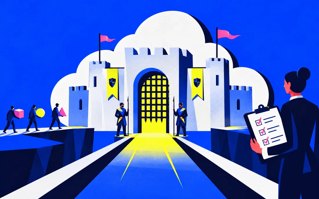 Company cloud drawn as fortress with carefully controlled gateways and audit clipboard