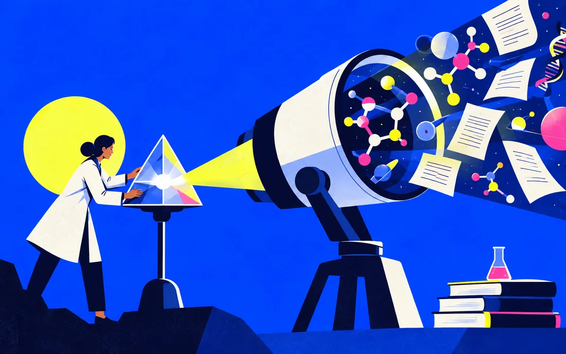 Scientist directing AI prism toward molecules telescope and research papers