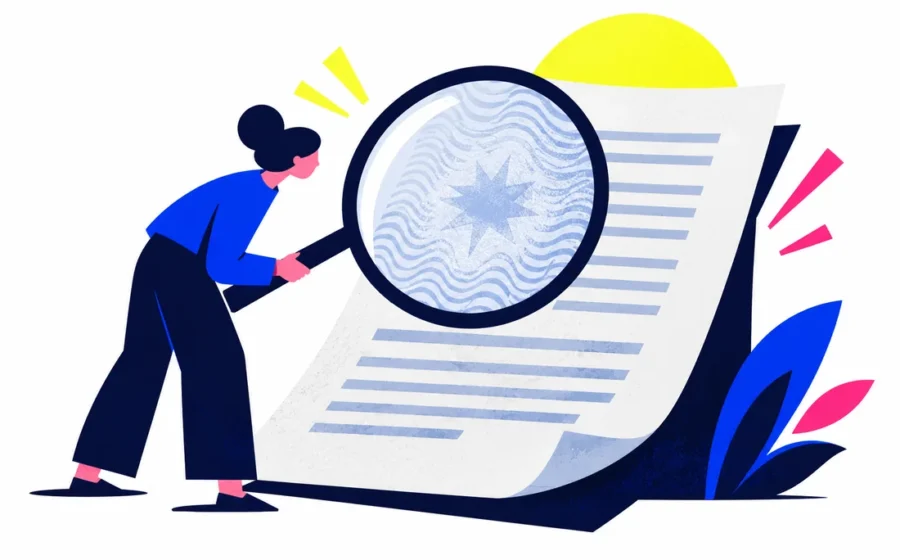 Paper manuscript under magnifier revealing subtle embedded patterned watermark