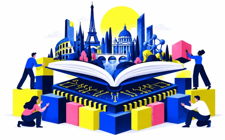 European city skyline growing from open book and chip, investment blocks as foundation