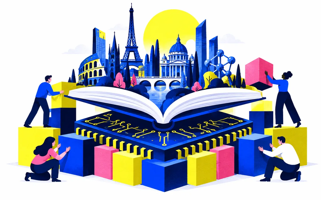 European city skyline growing from open book and chip, investment blocks as foundation