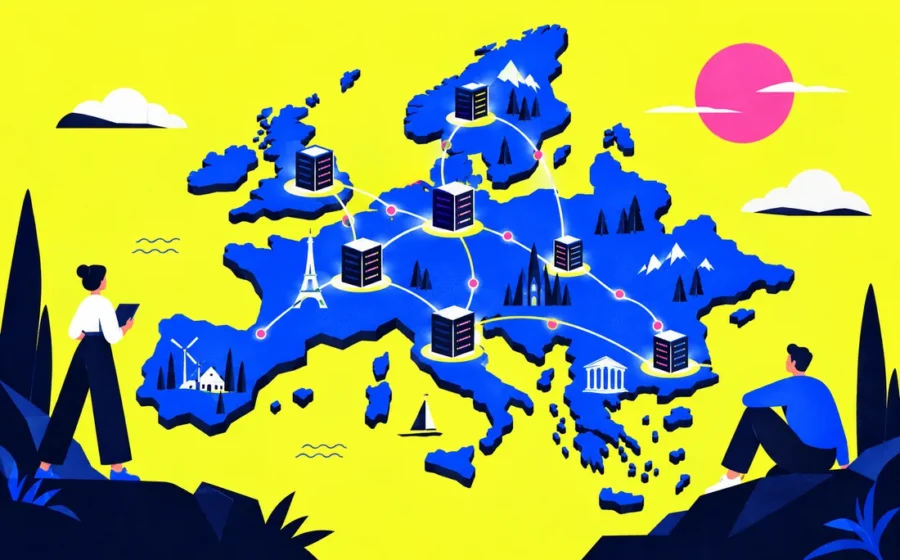 Map-like European constellation of regional servers joined by short routing paths