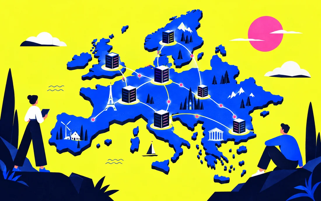 Map-like European constellation of regional servers joined by short routing paths