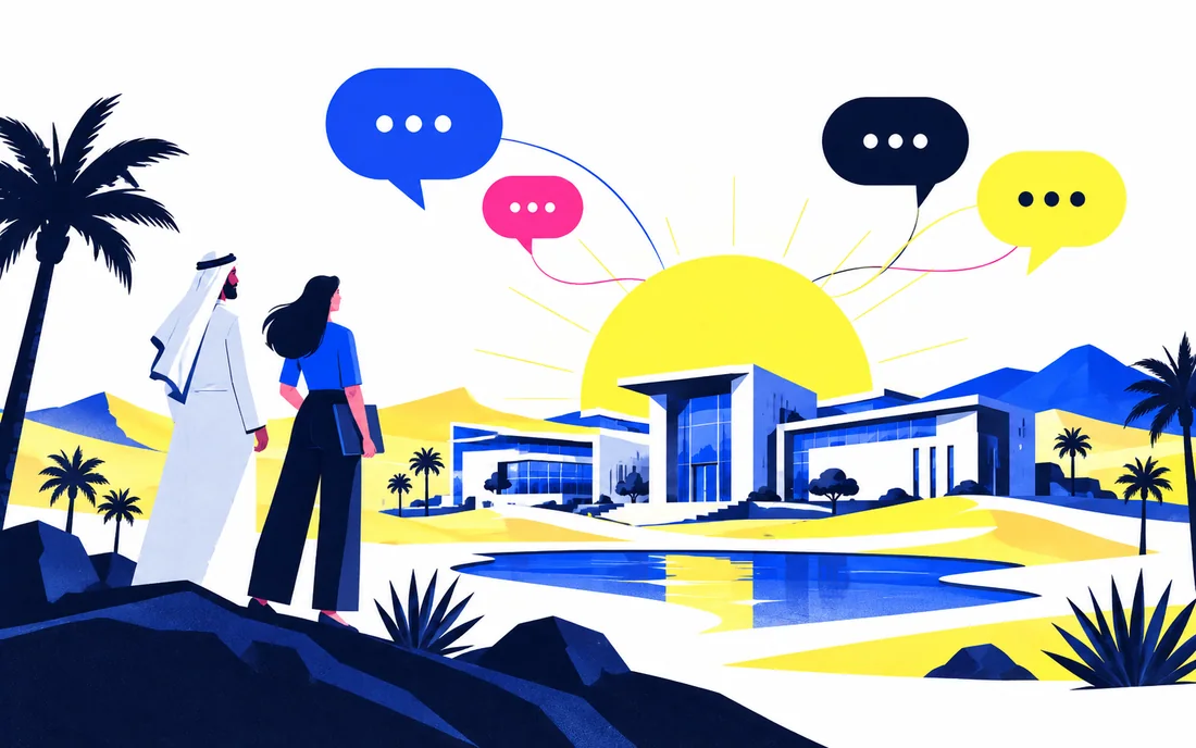 Desert sunrise behind modern research campus and connected language speech bubbles