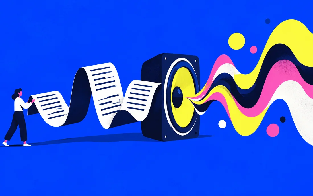 Folded text ribbon passing through a speaker into expressive coloured audio waves