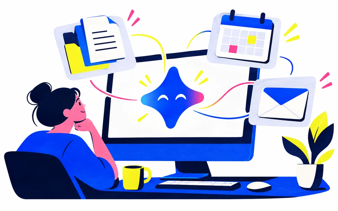 Desktop monitor and floating assistant cards joining files calendar and email