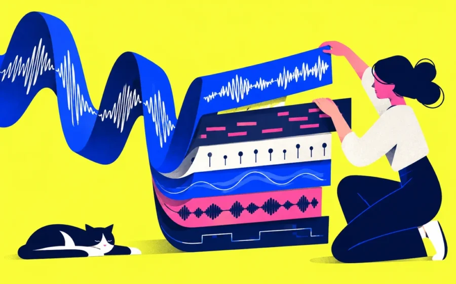 Musical wave ribbon assembled into layered track strips by an arranger hand