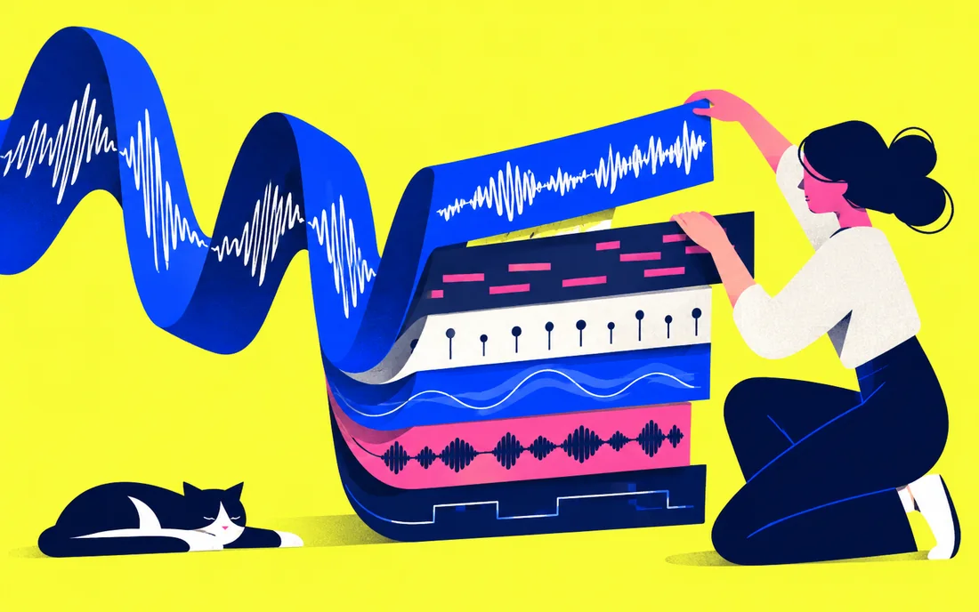 Musical wave ribbon assembled into layered track strips by an arranger hand