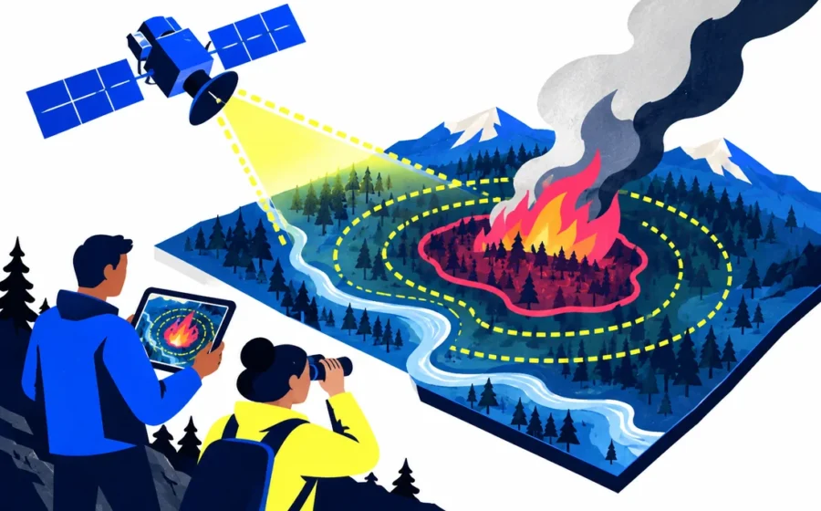 Satellite and map locating a forest fire perimeter with protective early-warning rings