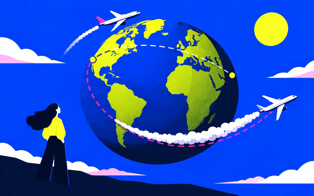 Airplane route on globe with two paths, one leaves shorter cloud trail