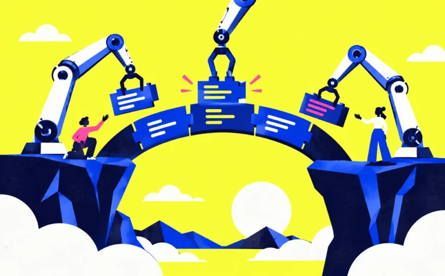 Three distinct robotic drafting arms collaboratively assembling a software bridge