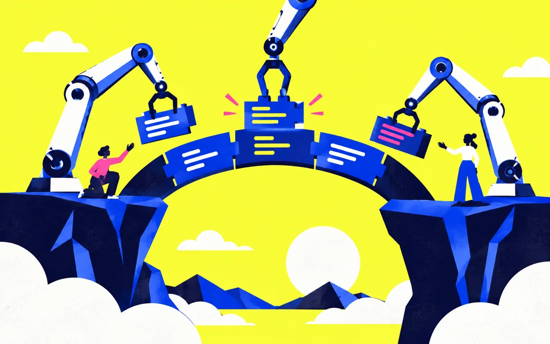 Three distinct robotic drafting arms collaboratively assembling a software bridge