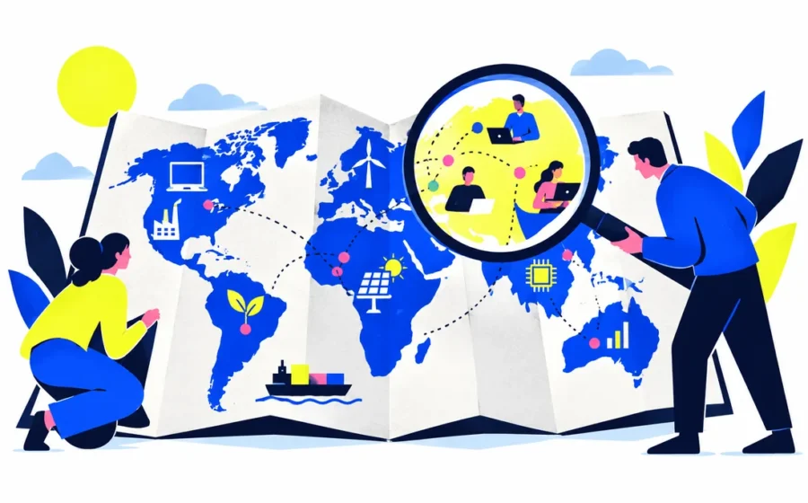 Foldout world atlas with different work icons and magnifying lens over adoption patterns