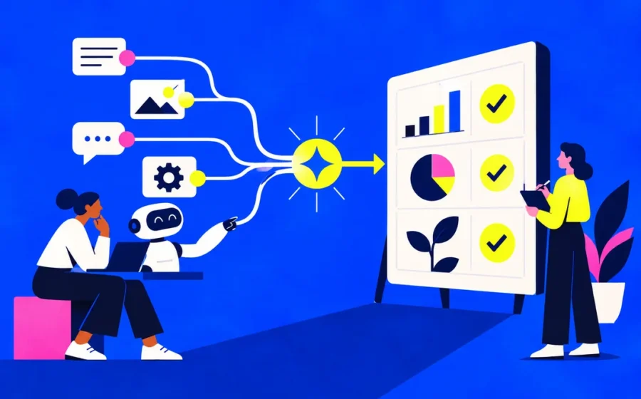 Workflow nodes connect to measured completed outcomes on an analyst board
