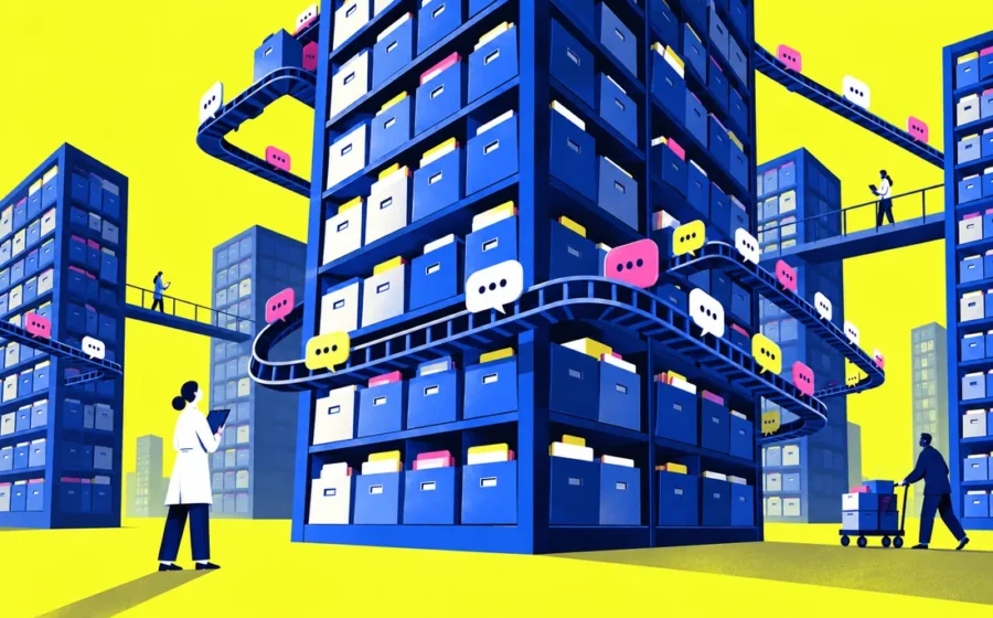 Towering organised storage cabinets with tiny chat bubbles travelling between shelves