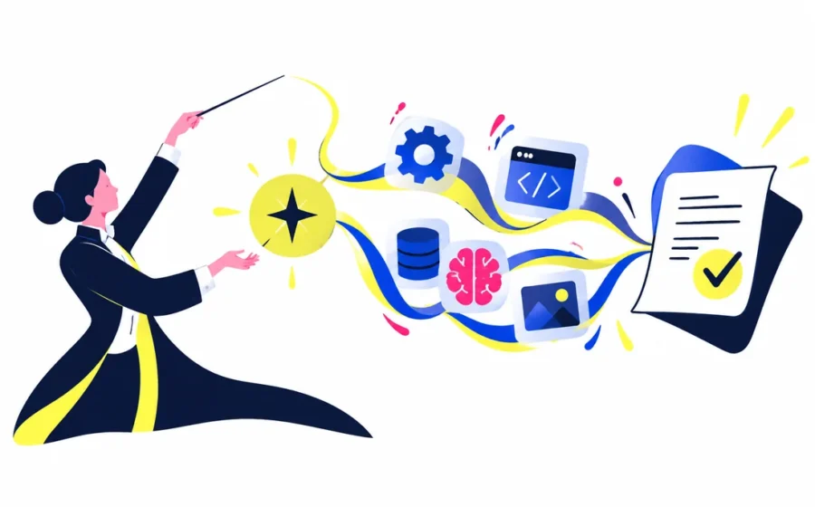 Conductor hand routes a goal through tools memory and a final checked document