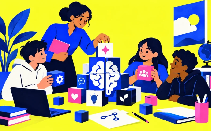 Classroom workbench with teacher guiding students through symbolic AI building blocks