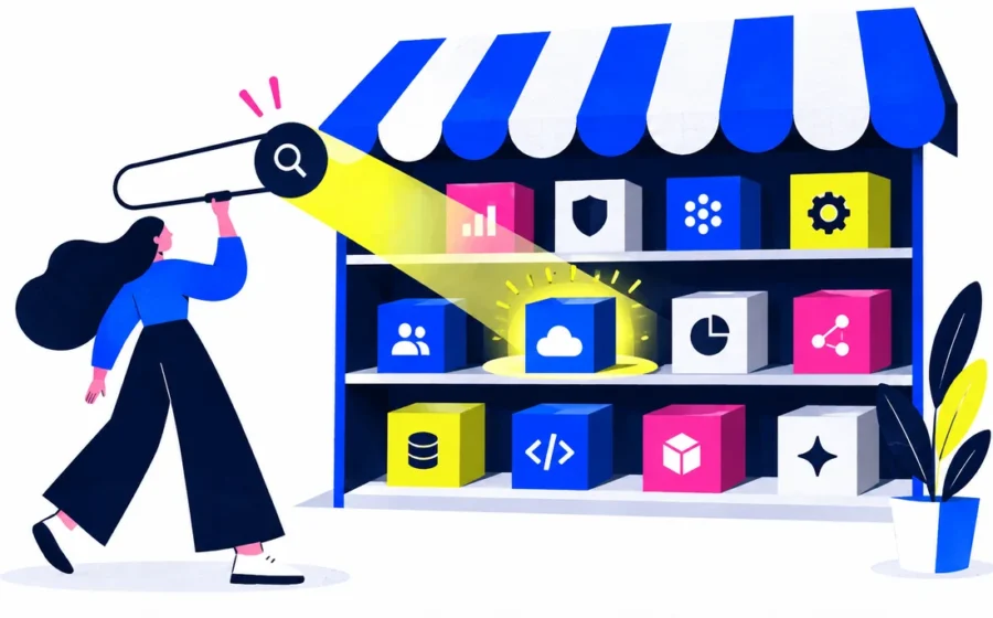 Storefront shelves of software cubes with helpful search spotlight finding one fit