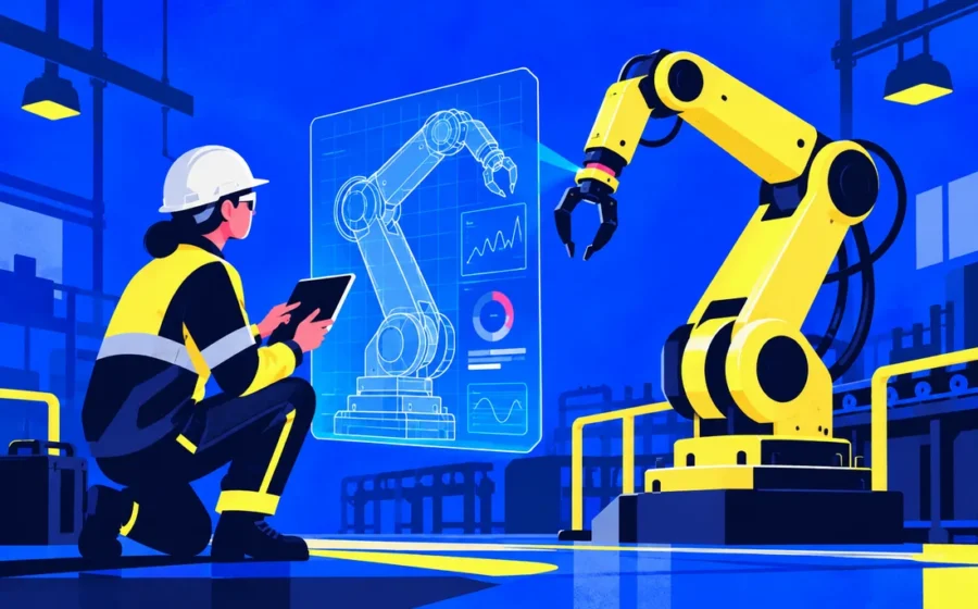 Factory floor robot and maintenance engineer examining monitored digital twin