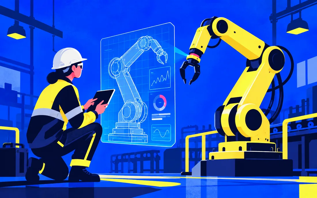 Factory floor robot and maintenance engineer examining monitored digital twin