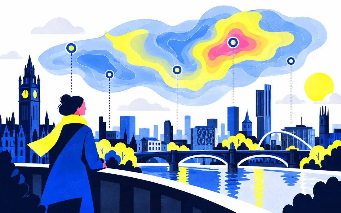 British city skyline beneath layered atmospheric forecast map and sensor nodes