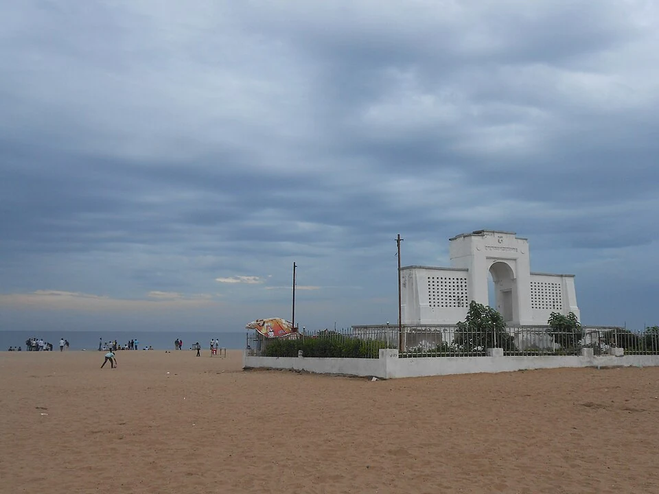 The white Karl Schmidt Memorial on Elliot’s Beach in Besant Nagar