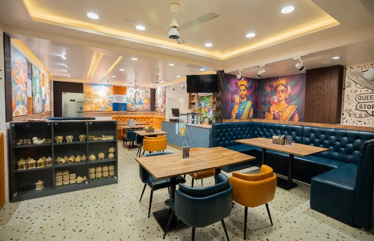 Colourful seating, murals and pottery at Play Bae Café in Besant Nagar
